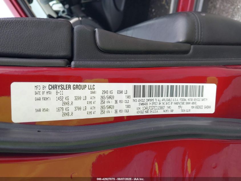 2012 Jeep Grand Cherokee Overland VIN: 1C4RJFCG7CC123667 Lot: 42927075