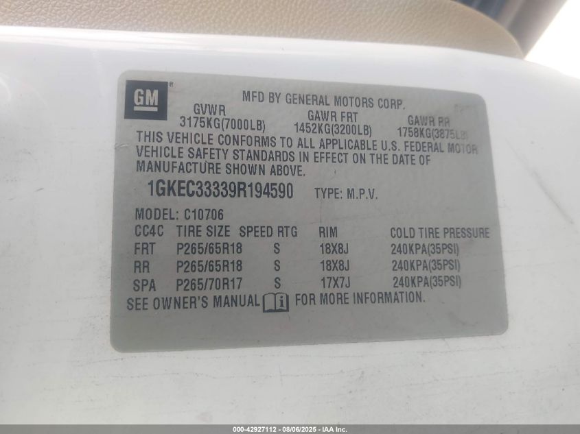 2009 GMC Yukon Slt1 VIN: 1GKEC33339R194590 Lot: 42927112