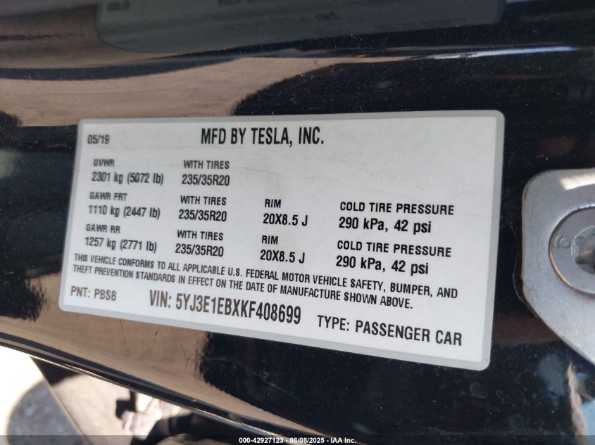 2019 Tesla Model 3 Long Range/Performance VIN: 5YJ3E1EBXKF408699 Lot: 42927123