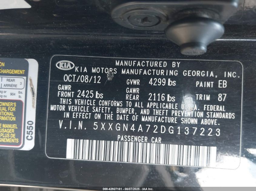 2013 Kia Optima Ex VIN: 5XXGN4A72DG137223 Lot: 42927181