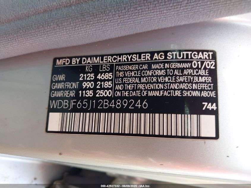 2002 Mercedes-Benz E 320 Special Edition VIN: WDBJF65J12B489246 Lot: 42927332