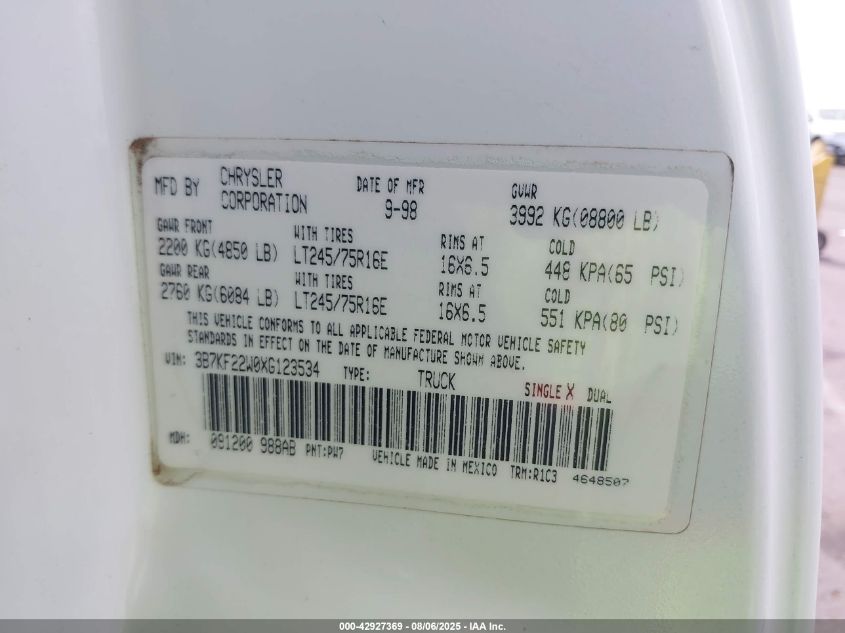 1999 Dodge Ram 2500 St VIN: 3B7KF22W0XG123534 Lot: 42927369