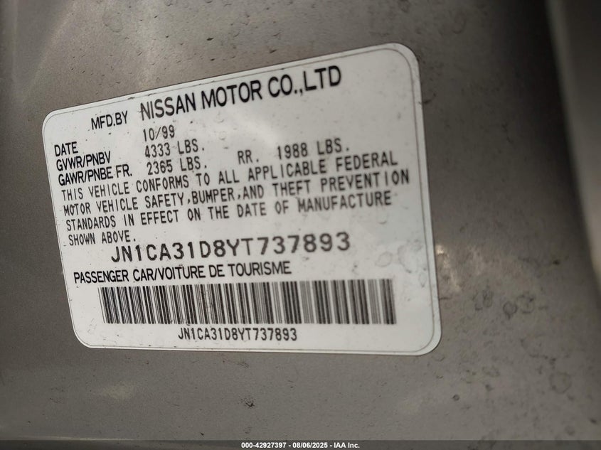 2000 Nissan Maxima Gle/Gxe/Se VIN: JN1CA31D8YT737893 Lot: 42927397