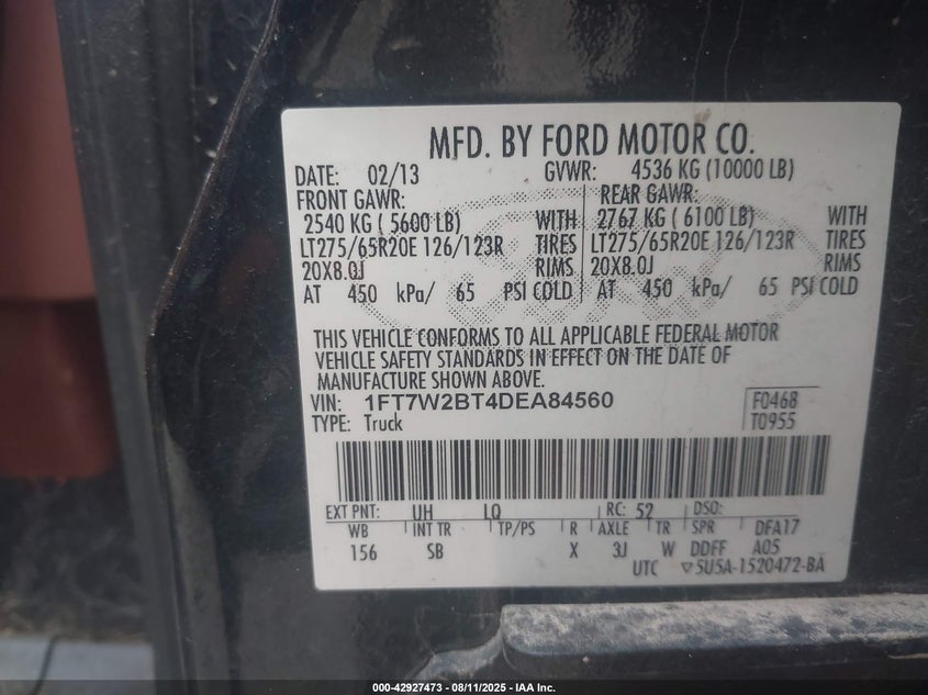 2013 Ford F-250 Lariat VIN: 1FT7W2BT4DEA84560 Lot: 42927473