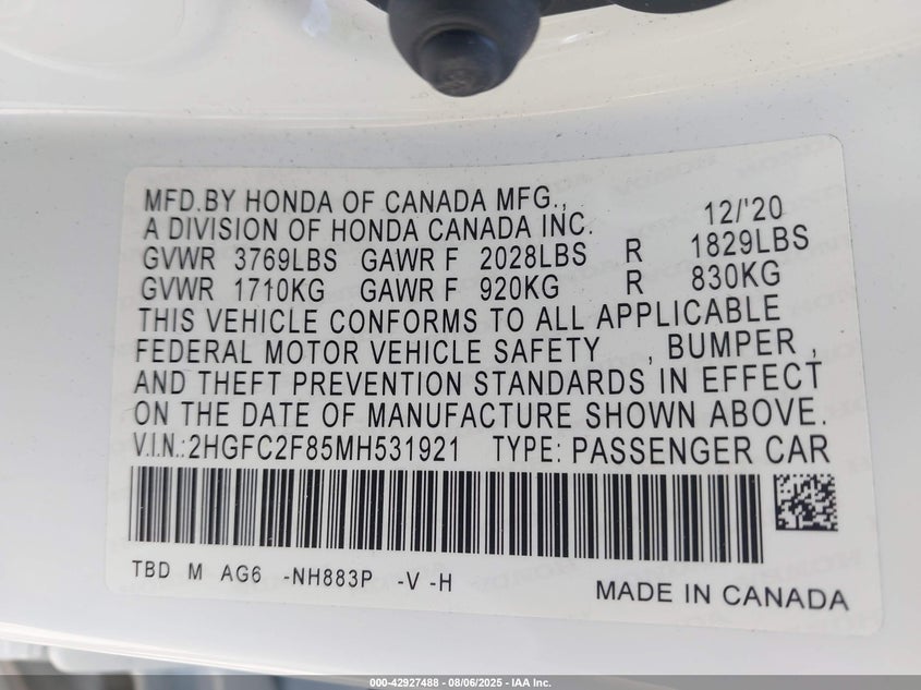 2021 HONDA CIVIC(VIN: 2HGFC2F85MH531921