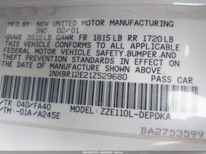 2001 Toyota Corolla Ce/Le/S VIN: 1NXBR12E217529680 Lot: 42927532