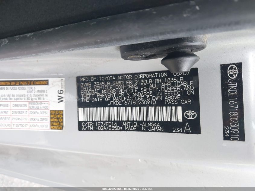 2008 Scion Tc VIN: JTKDE167180230910 Lot: 42927565