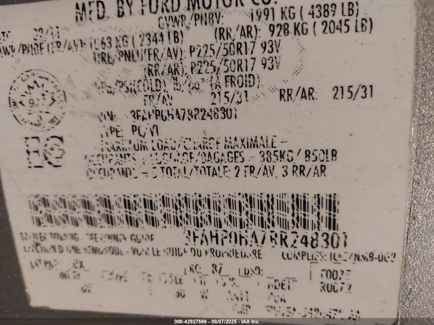 2011 Ford Fusion Se VIN: 3FAHP0HA7BR248301 Lot: 42927566