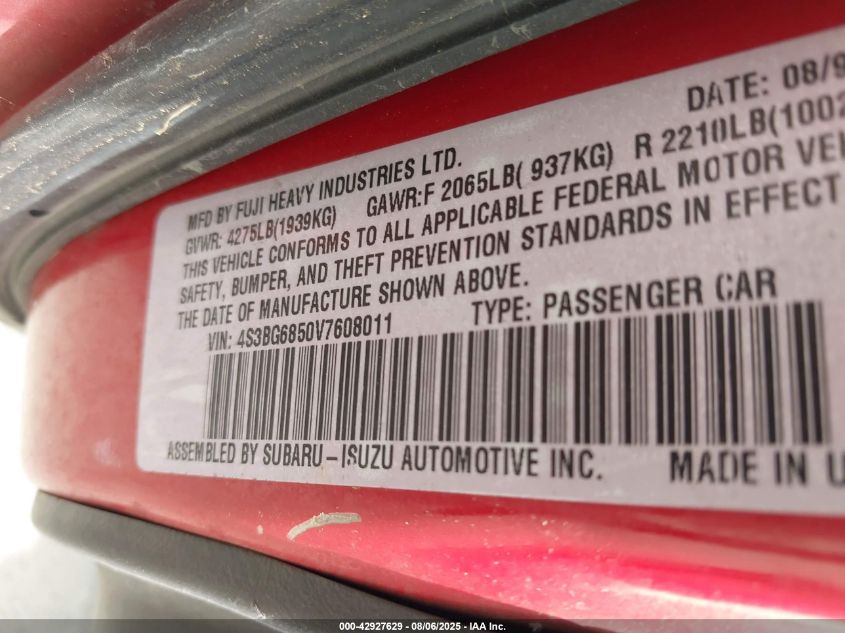 1997 Subaru Legacy Outback/Outback Limited VIN: 4S3BG6850V7608011 Lot: 42927629