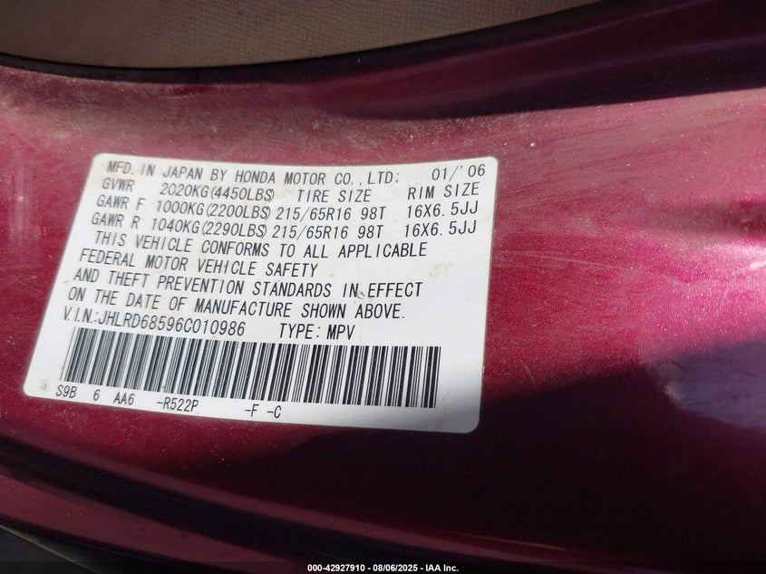 2006 Honda Cr-V Lx VIN: JHLRD68596C010986 Lot: 42927910