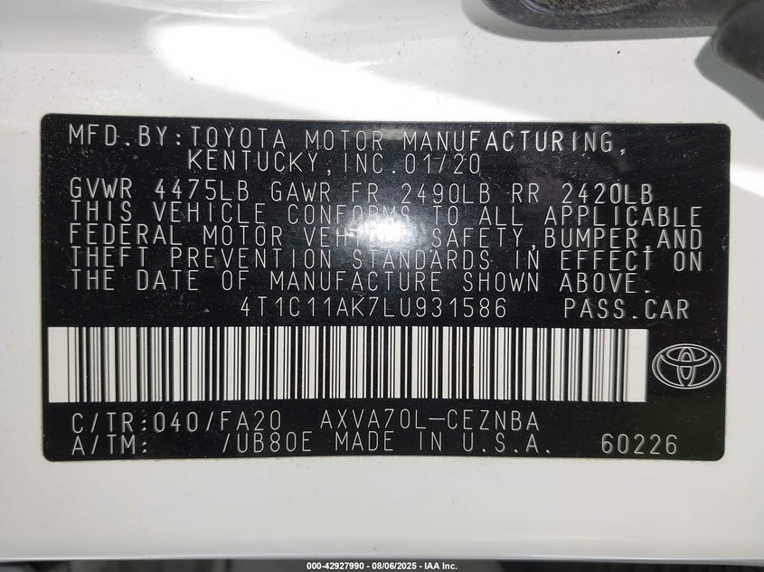 VIN 4T1C11AK7LU931586 2020 TOYOTA CAMRY LE