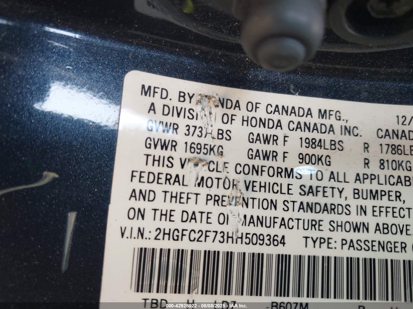 2017 Honda Civic Ex VIN: 2HGFC2F73HH509364 Lot: 42928022