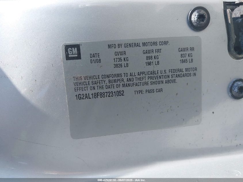 2008 Pontiac G5 VIN: 1G2AL18F887231052 Lot: 42928118