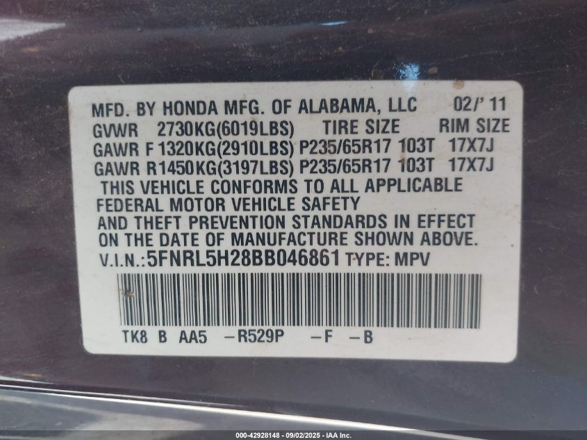 2011 Honda Odyssey Lx VIN: 5FNRL5H28BB046861 Lot: 42928148