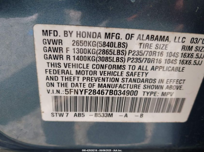 2007 Honda Pilot Ex VIN: 5FNYF28467B034900 Lot: 42928216