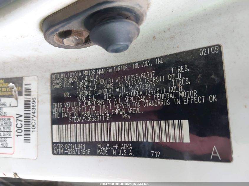 2005 Toyota Sienna Xle VIN: 5TDBA22C65S041181 Lot: 42928380