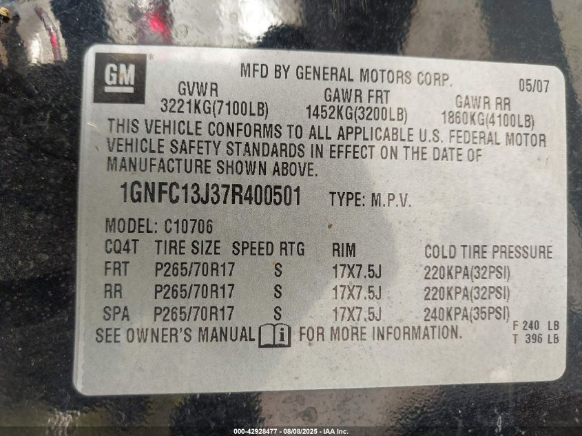 2007 Chevrolet Tahoe Lt VIN: 1GNFC13J37R400501 Lot: 42928477