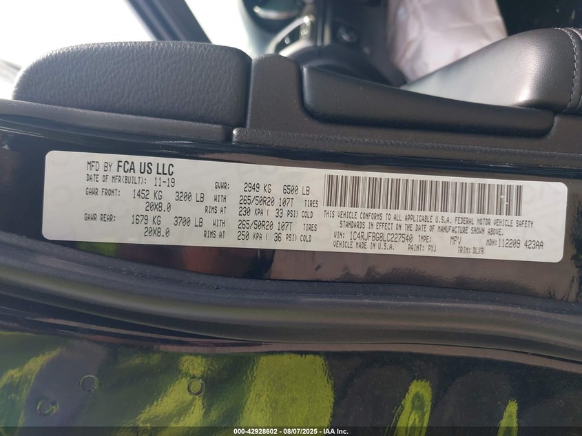 VIN 1C4RJFBG8LC227540 2020 JEEP GRAND CHEROKEE LIMITED 4X4