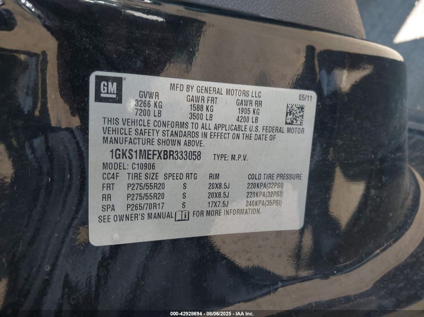 2011 GMC Yukon Xl Denali VIN: 1GKS1MEFXBR333058 Lot: 42928694