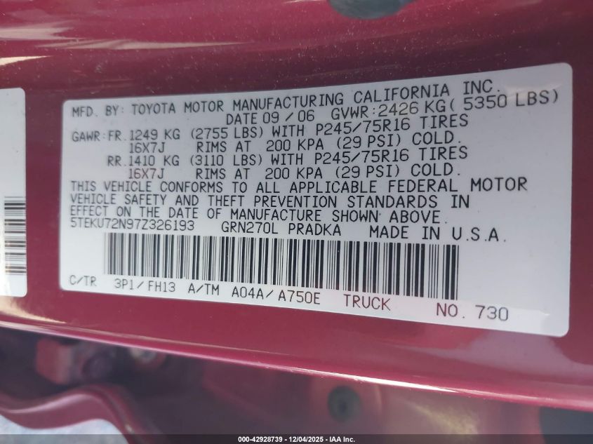 2007 Toyota Tacoma Prerunner V6 VIN: 5TEKU72N97Z326193 Lot: 42928739