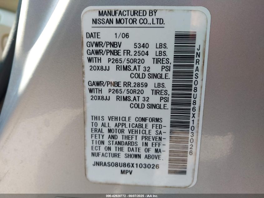 2006 Infiniti Fx35 VIN: JNRAS08U86X103026 Lot: 42928772