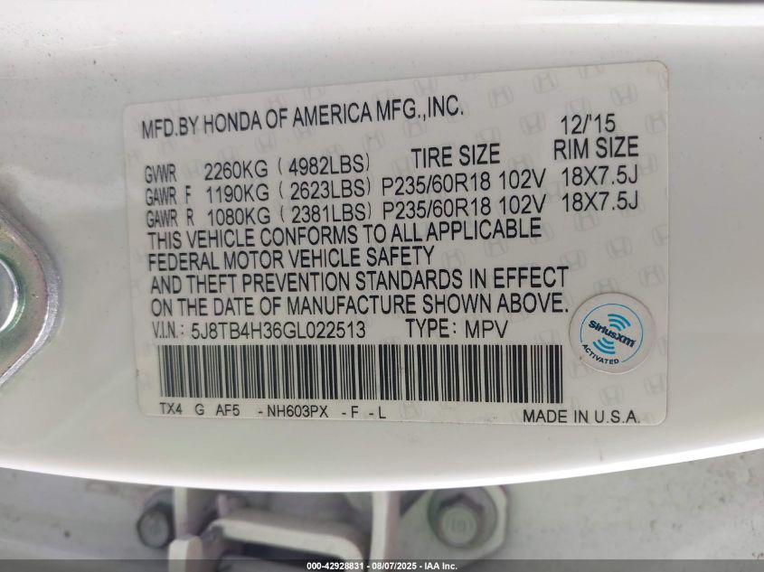 2016 Acura Rdx Acurawatch Plus Package VIN: 5J8TB4H36GL022513 Lot: 42928831