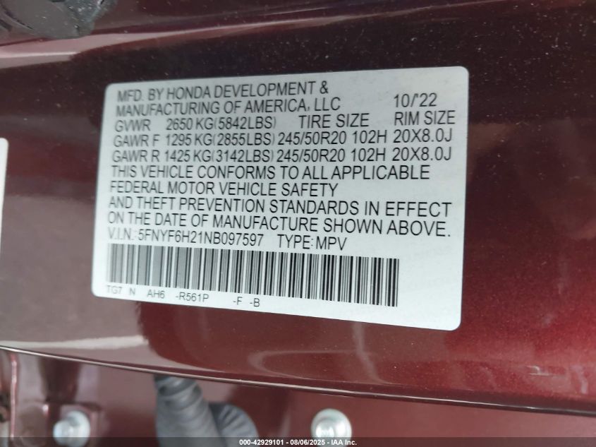 2022 Honda Pilot Awd Special Edition VIN: 5FNYF6H21NB097597 Lot: 42929101