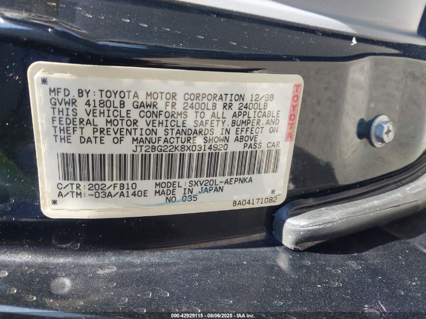 1999 Toyota Camry Le VIN: JT2BG22K8X0314920 Lot: 42929115