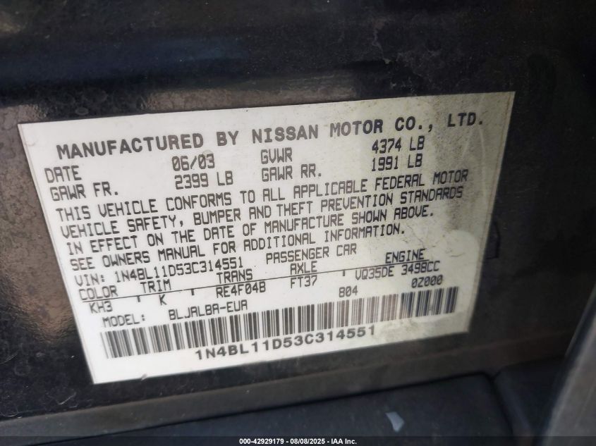 2003 Nissan Altima 3.5 Se VIN: 1N4BL11D53C314551 Lot: 42929179