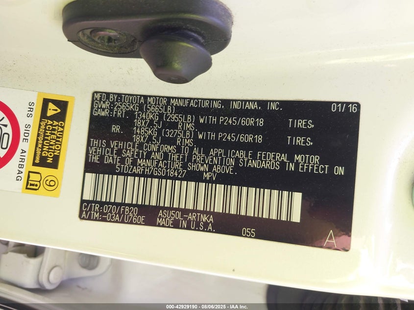 2016 TOYOTA HIGHLANDER LE - 5TDZARFH7GS018427