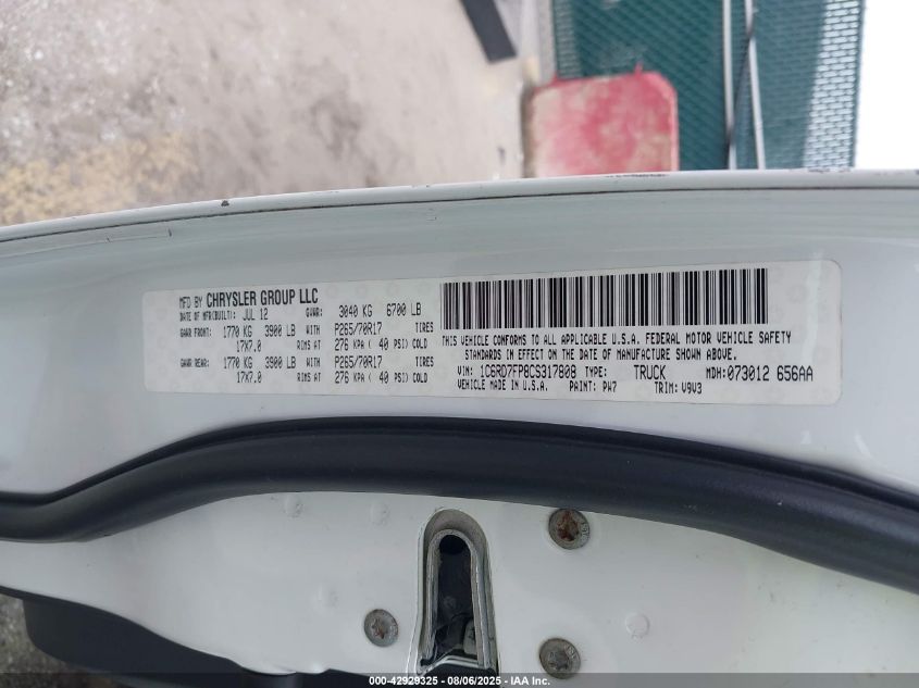 2012 Ram 1500 St VIN: 1C6RD7FP8CS317808 Lot: 42929325