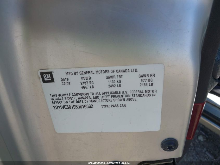 2006 Chevrolet Impala Lt VIN: 2G1WC581069316002 Lot: 42929396
