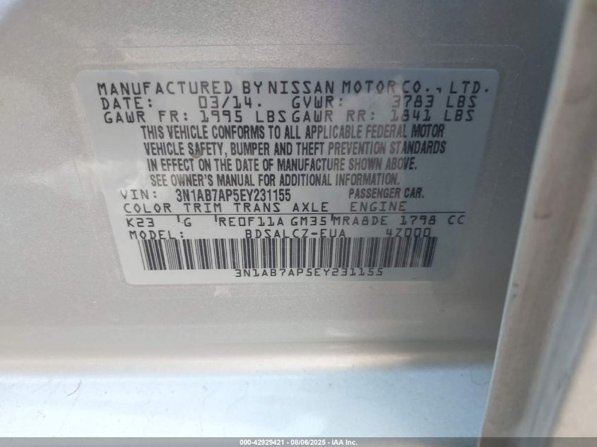 2014 Nissan Sentra VIN: 3N1AB7APEY231155 Lot: 42929421