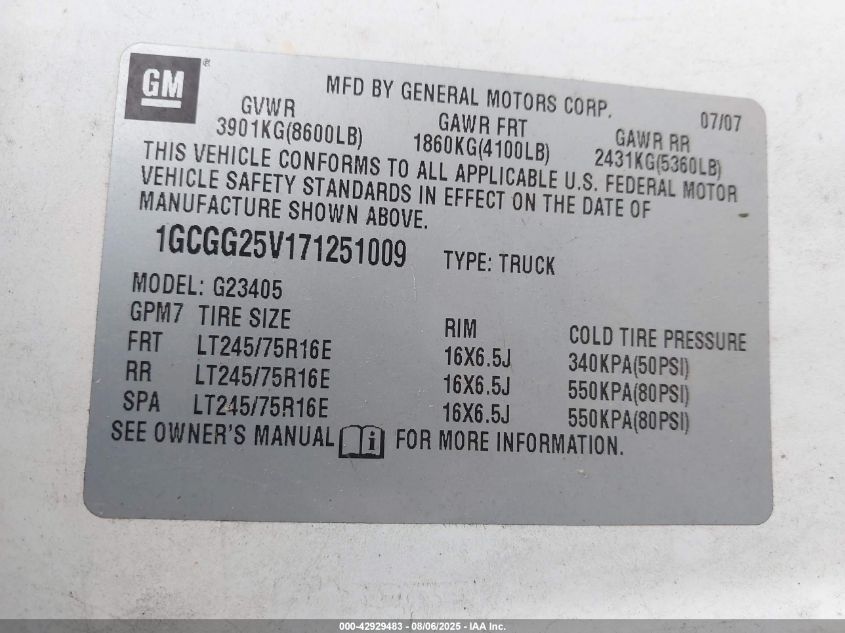 2007 Chevrolet Express Work Van VIN: 1GCGG25V171251009 Lot: 42929483