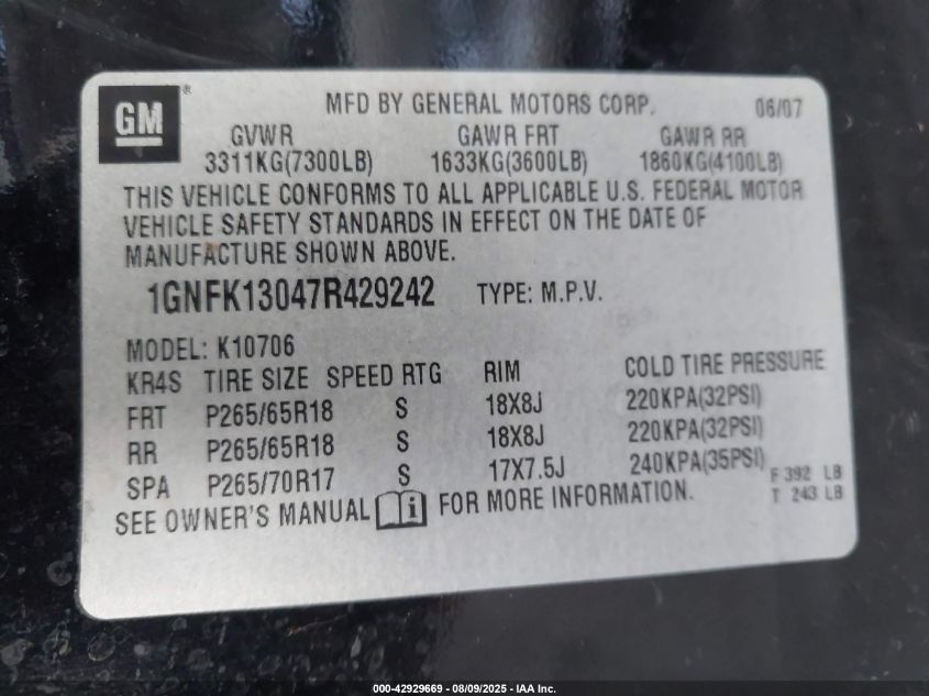2007 Chevrolet Tahoe Lt VIN: 1GNFK13047R429242 Lot: 42929669