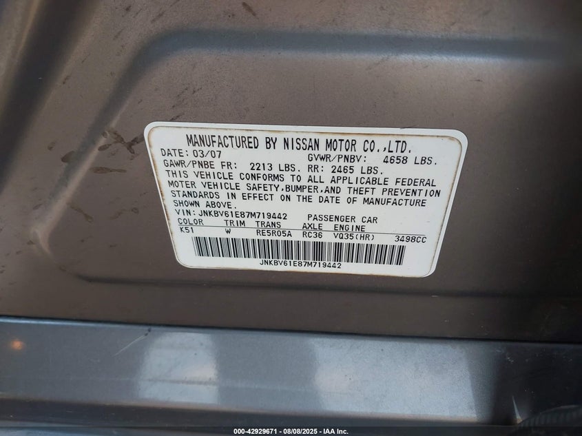 2007 Infiniti G35 Journey VIN: JNKBV61E87M719442 Lot: 42929671