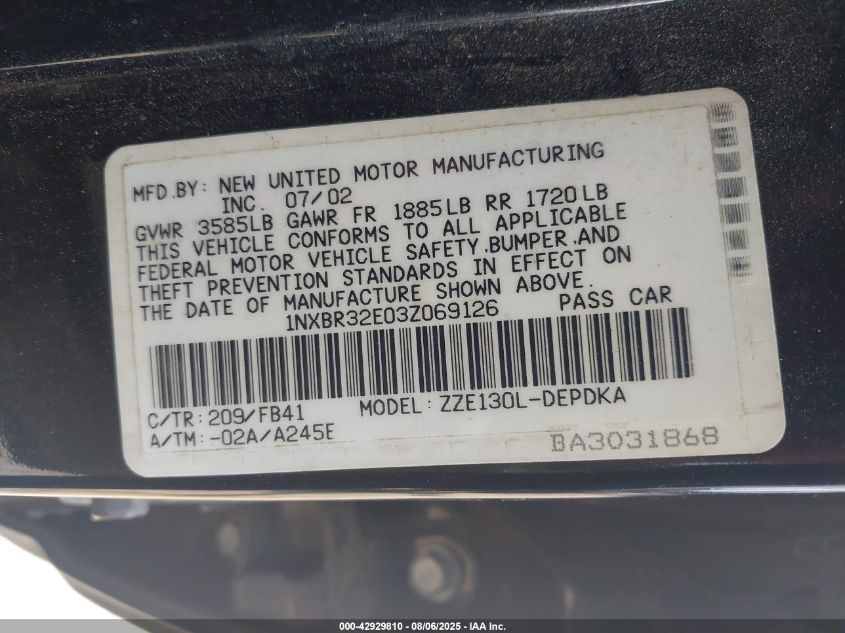 2003 Toyota Corolla Ce VIN: 1NXBR32E03Z069126 Lot: 42929810