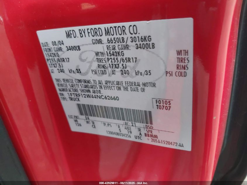 2004 Ford F-150 Stx/Xl/Xlt VIN: 1FTRF12W44NC62660 Lot: 42929811
