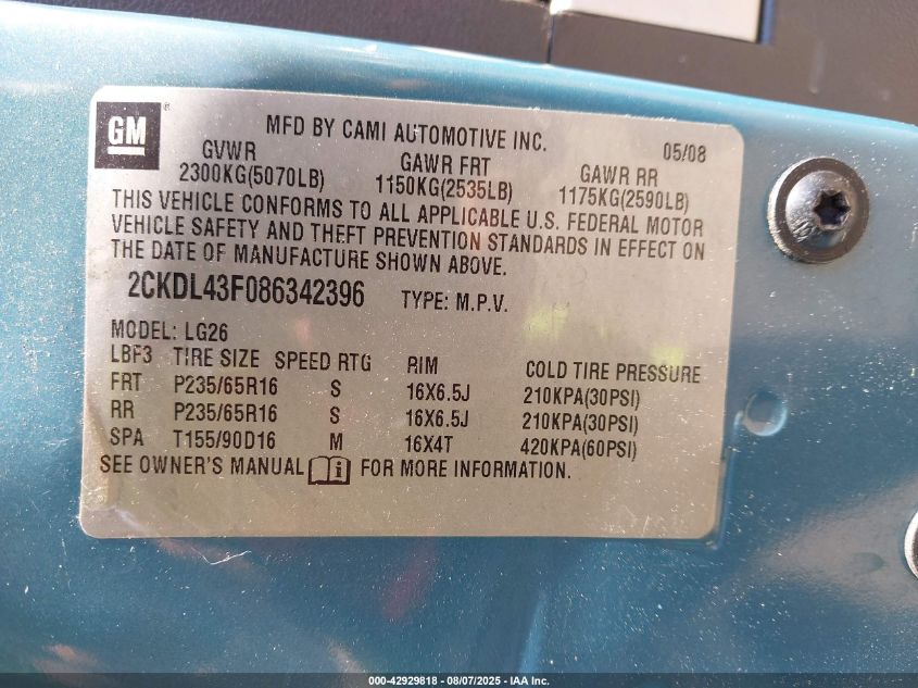 2008 Pontiac Torrent VIN: 2CKDL43F086342396 Lot: 42929818