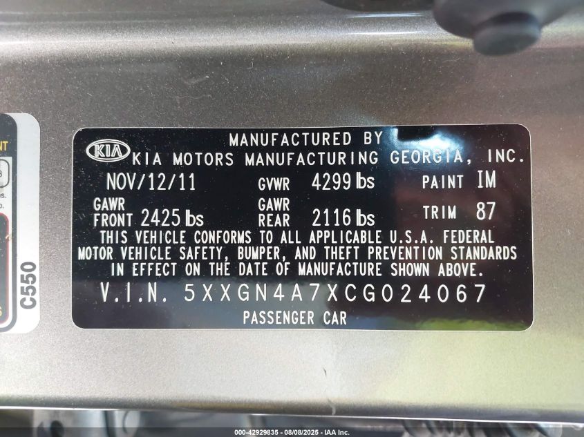 2012 Kia Optima Ex VIN: 5XXGN4A7XCG024067 Lot: 42929835