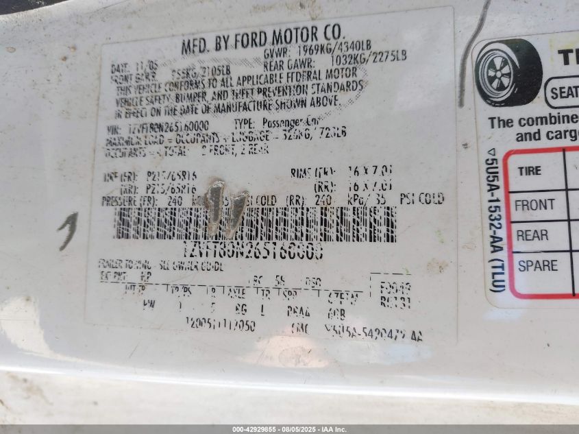 2006 Ford Mustang V6 VIN: 1ZVFT80N265160000 Lot: 42929855