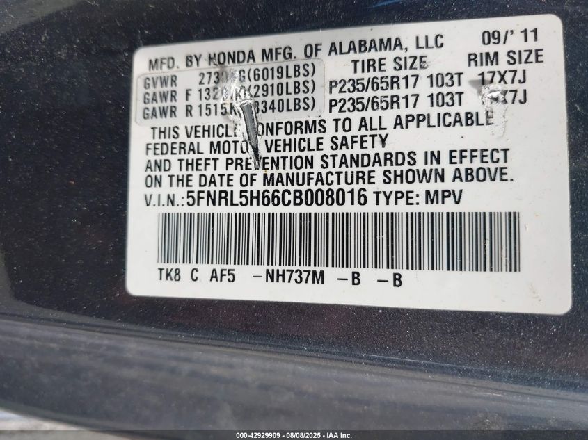 2012 Honda Odyssey Ex-L VIN: 5FNRL5H66CB008016 Lot: 42929909