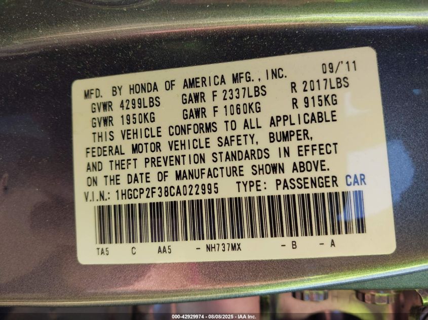 2012 Honda Accord 2.4 Lx VIN: 1HGCP2F38CA022995 Lot: 42929974