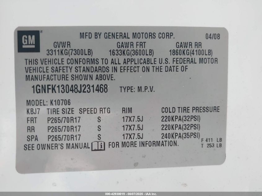2008 Chevrolet Tahoe Ls VIN: 1GNFK13048J231468 Lot: 42930019