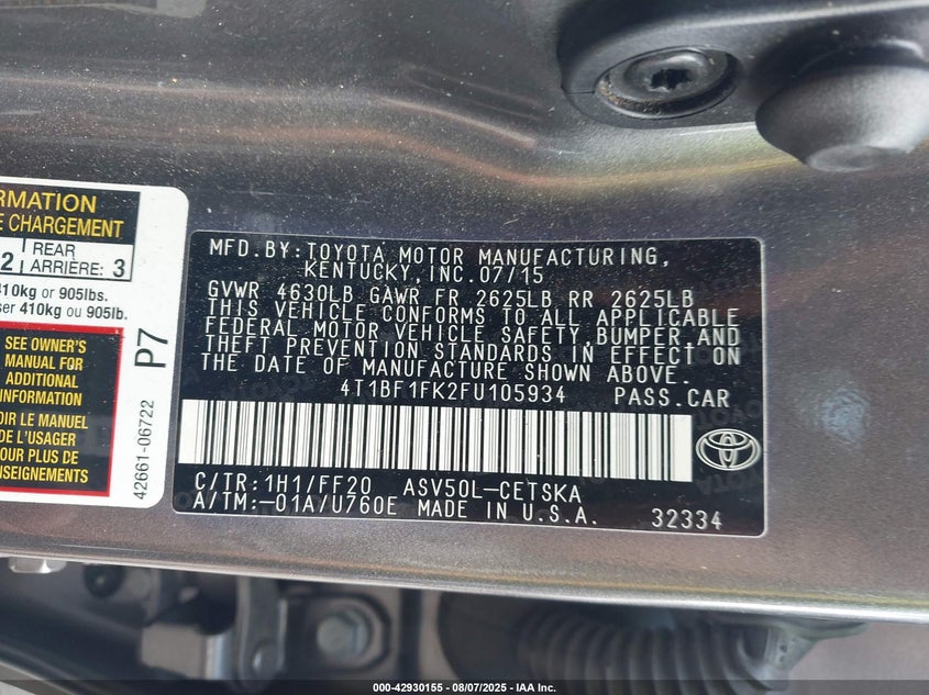 2015 TOYOTA CAMRY SE - 4T1BF1FK2FU105934