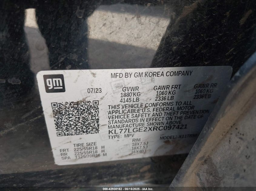 2024 Chevrolet Trax Fwd 1Rs VIN: KL77LGE2XRC097421 Lot: 42930162