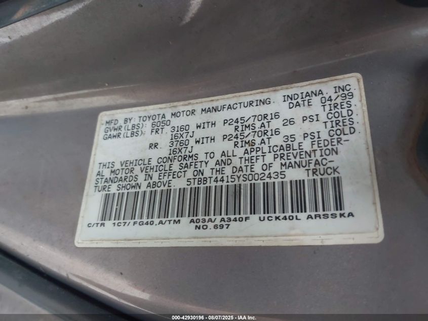 2000 Toyota Tundra Sr5 V8 VIN: 5TBBT4415YS002435 Lot: 42930196