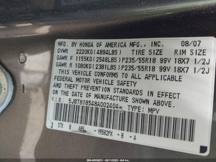 2008 Acura Rdx VIN: 5J8TB18548A002404 Lot: 42930231