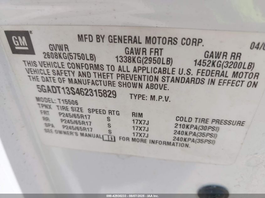 2006 Buick Rainer VIN: 5GADT135462315829 Lot: 42930233