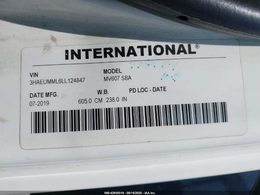 2020 International Mv VIN: 3HAEUMML6LL124847 Lot: 42930319